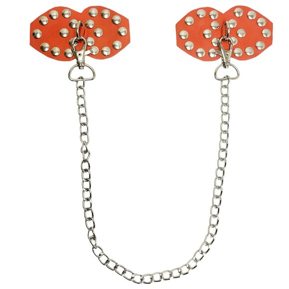 Studded Leather Pasties with Detachable Chain - Orange - Picture 1 of 4